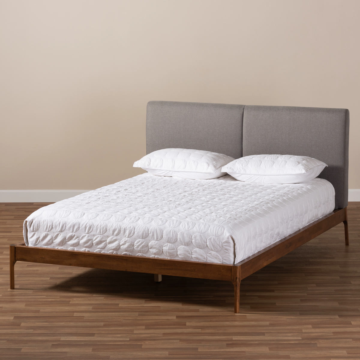 Baxton Studio Aveneil Mid-Century Modern Grey Fabric Upholstered Walnut Finished Full Size Platform Bed Baxton Studio-beds-Minimal And Modern - 8