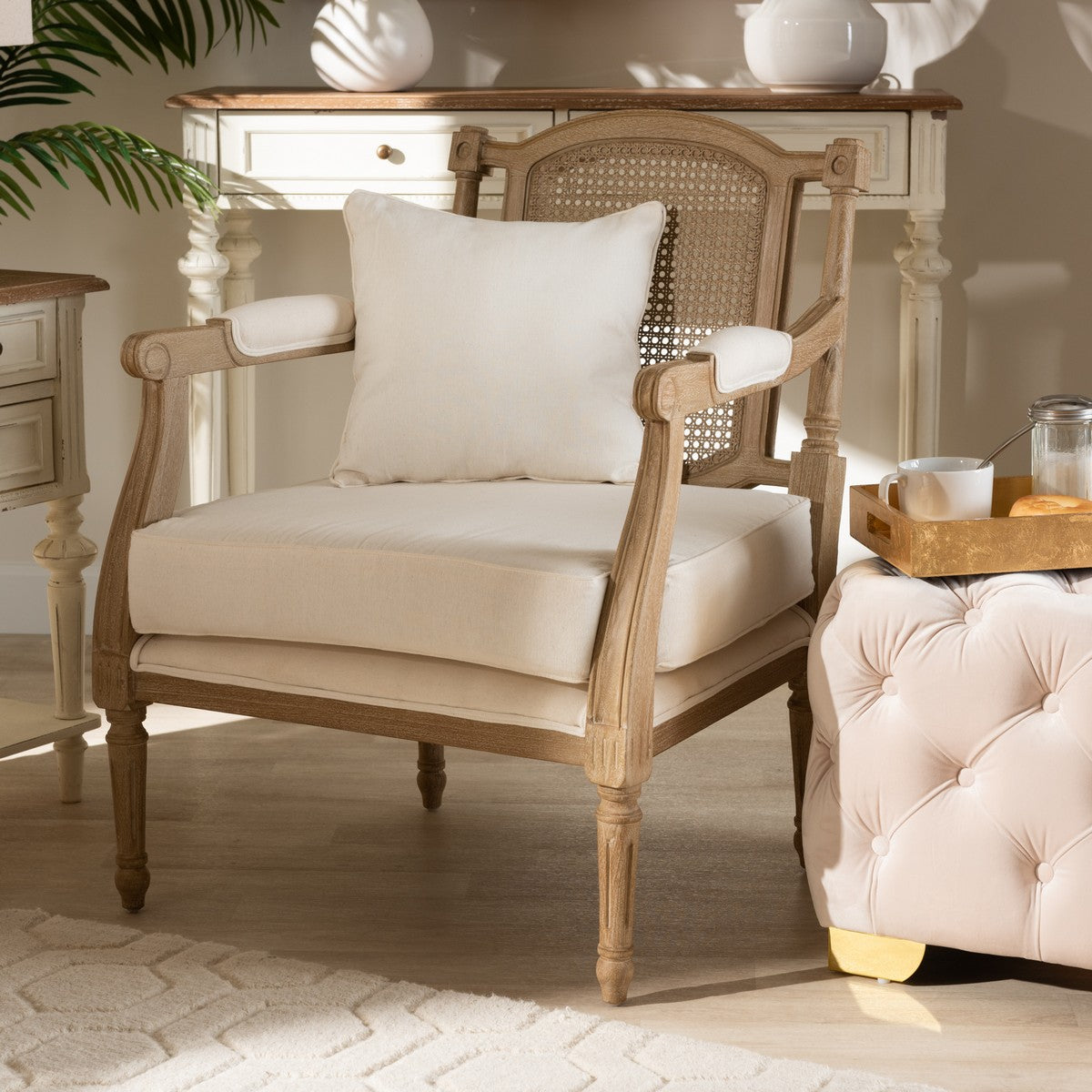 Baxton Studio Clemence French Provincial Ivory Fabric Upholstered Whitewashed Wood Armchair