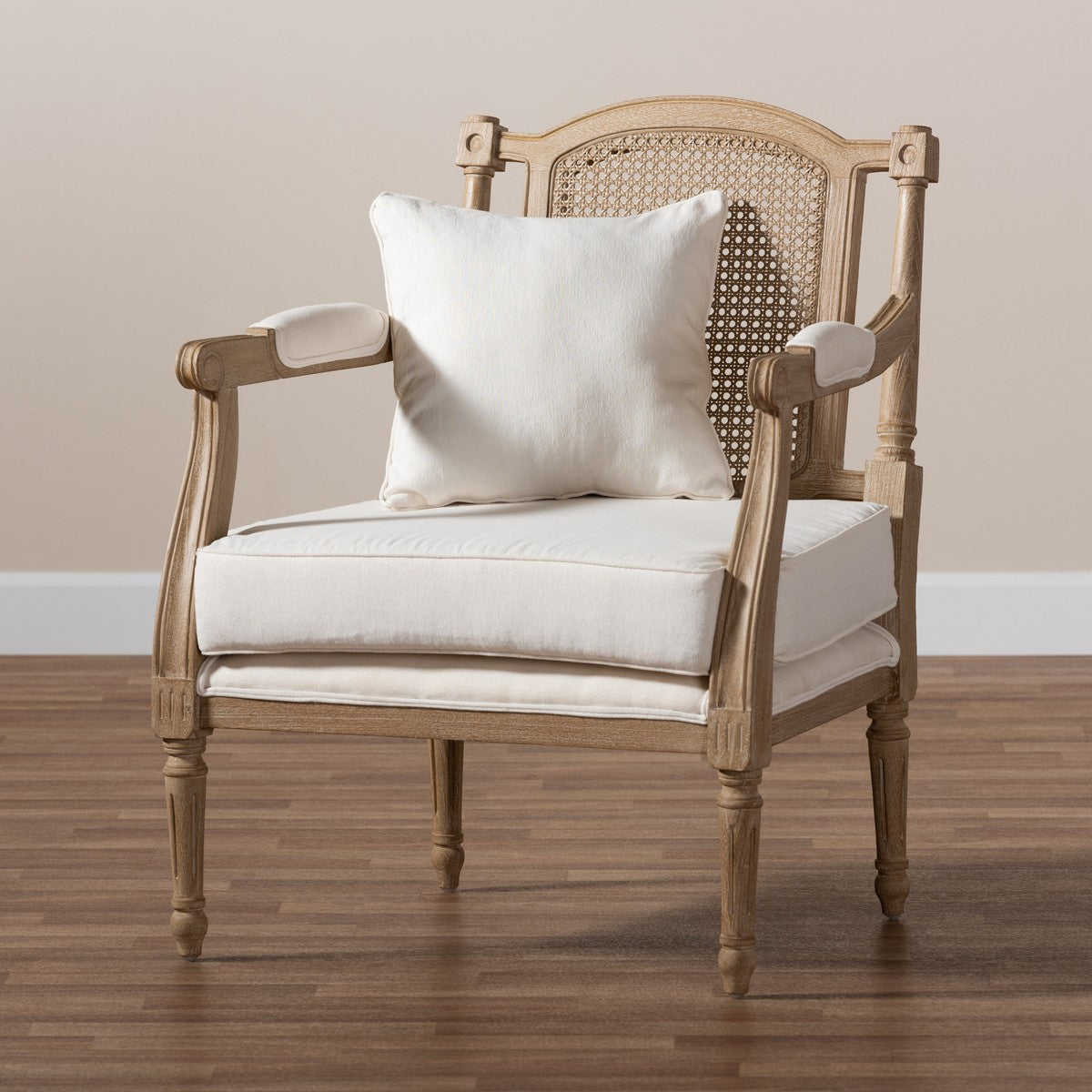 Baxton Studio Clemence French Provincial Ivory Fabric Upholstered Whitewashed Wood Armchair