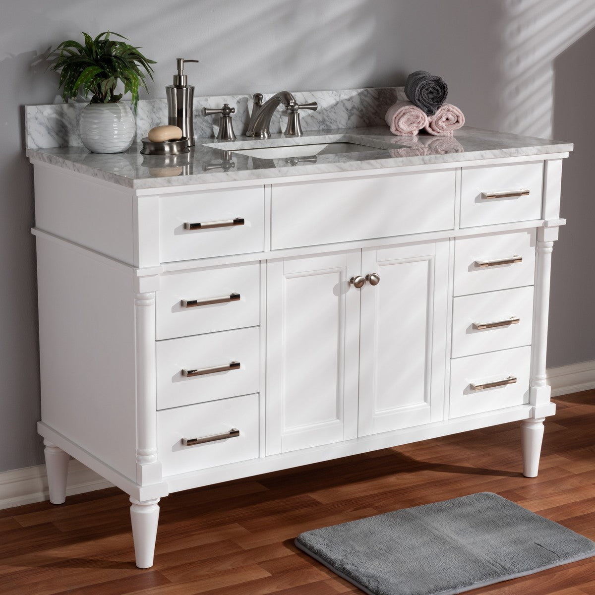 Baxton Studio Monte 48-Inch Transitional White finished Wood and Marble Single Sink Bathroom Vanity