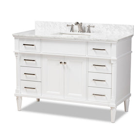 Baxton Studio Monte 48-Inch Transitional White finished Wood and Marble Single Sink Bathroom Vanity