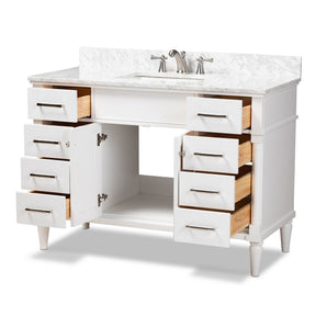 Baxton Studio Monte 48-Inch Transitional White finished Wood and Marble Single Sink Bathroom Vanity