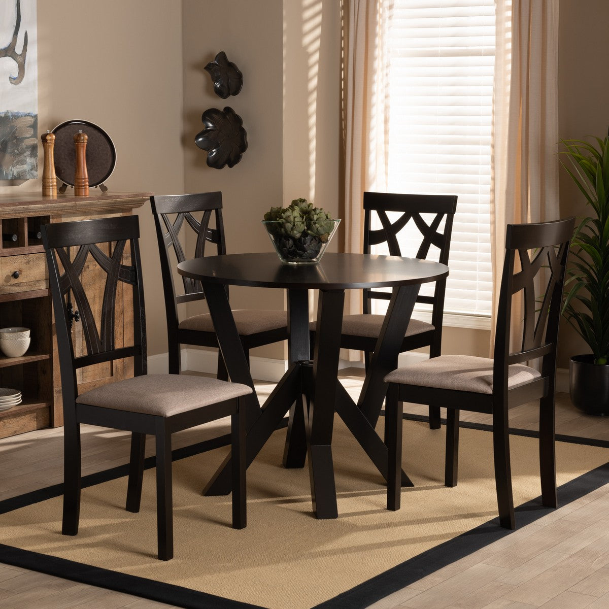 Baxton Studio Reagan Modern and Contemporary Sand Fabric Upholstered and Dark Brown Finished Wood 5-Piece Dining Set