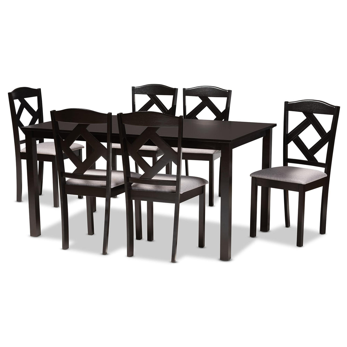 Baxton Studio Ruth Modern Transitional Grey Fabric Upholstered And Dark Brown Finished Wood 7-Piece Dining Set - Ruth-Grey/Dark Brown-7PC Dining Set