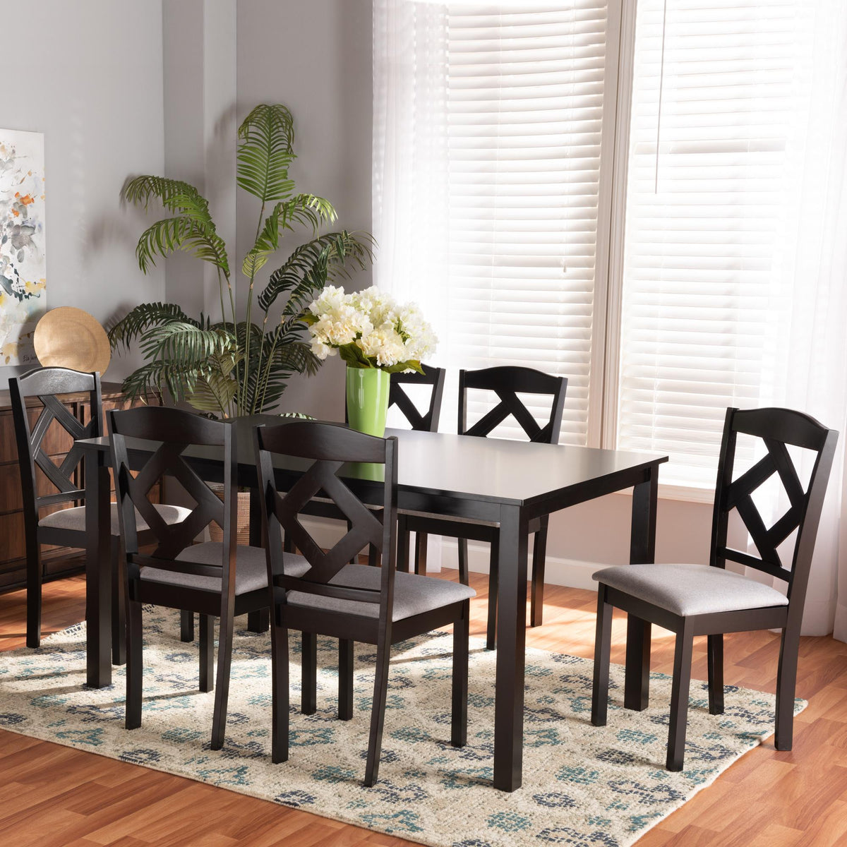 Baxton Studio Ruth Modern Transitional Grey Fabric Upholstered And Dark Brown Finished Wood 7-Piece Dining Set - Ruth-Grey/Dark Brown-7PC Dining Set