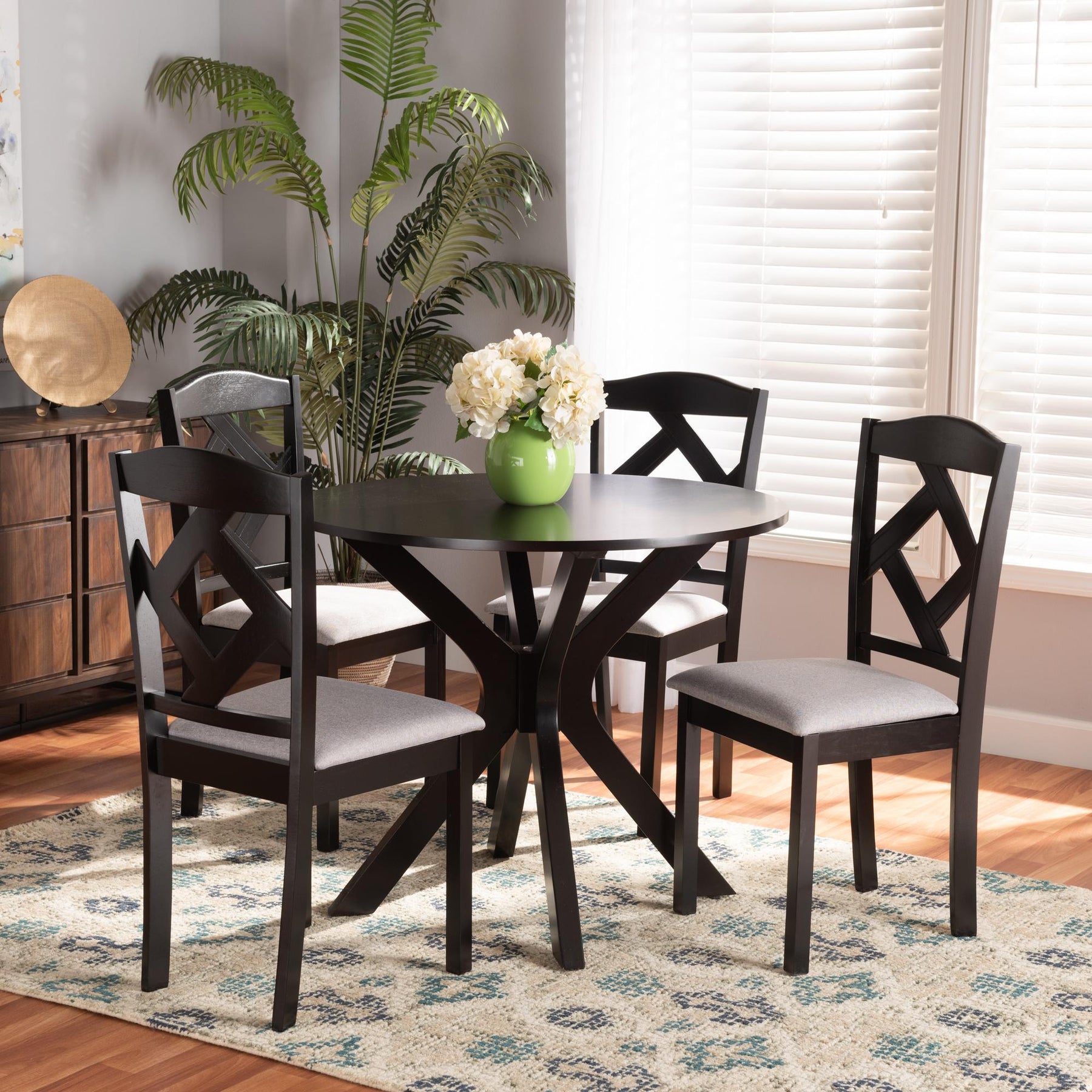 Baxton Studio Carlin Modern Transitional Grey Fabric Upholstered And Dark Brown Finished Wood 5-Piece Dining Set - Carlin-Grey/Dark Brown-5PC Dining Set