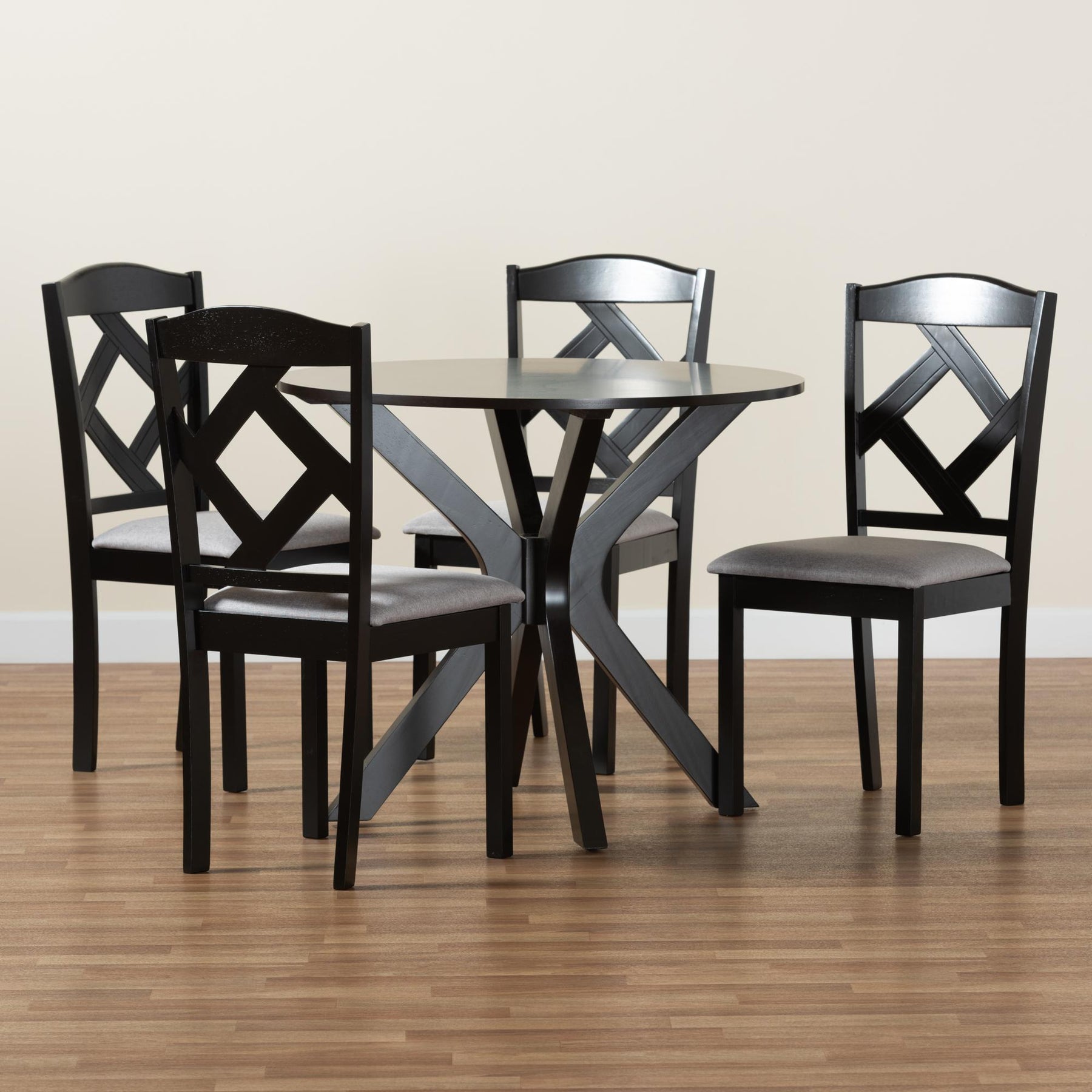 Baxton Studio Carlin Modern Transitional Grey Fabric Upholstered And Dark Brown Finished Wood 5-Piece Dining Set - Carlin-Grey/Dark Brown-5PC Dining Set