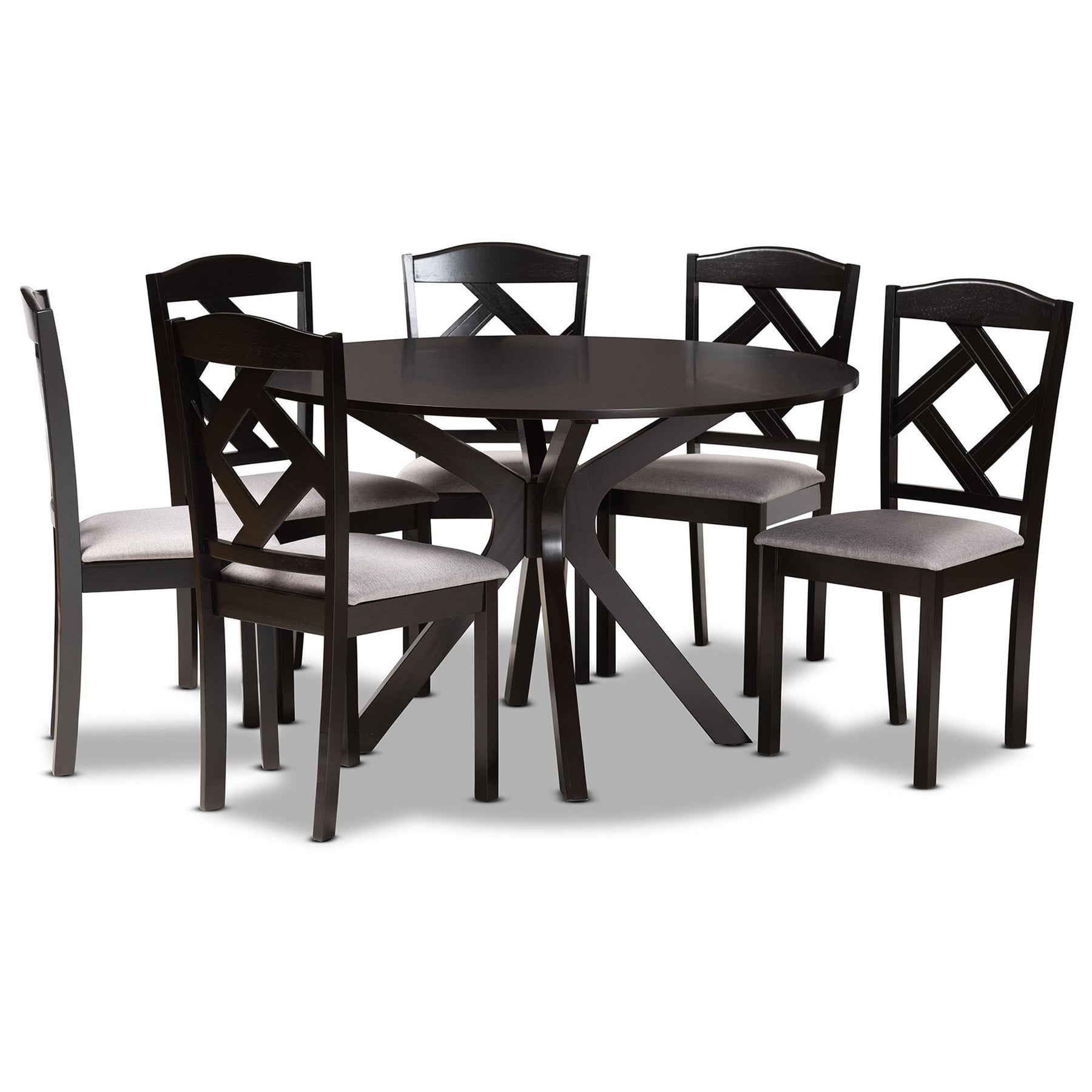 Baxton Studio Carlin Modern Transitional Grey Fabric Upholstered And Dark Brown Finished Wood 7-Piece Dining Set - Carlin-Grey/Dark Brown-7PC Dining Set