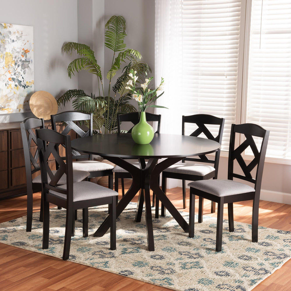 Baxton Studio Carlin Modern Transitional Grey Fabric Upholstered And Dark Brown Finished Wood 7-Piece Dining Set - Carlin-Grey/Dark Brown-7PC Dining Set