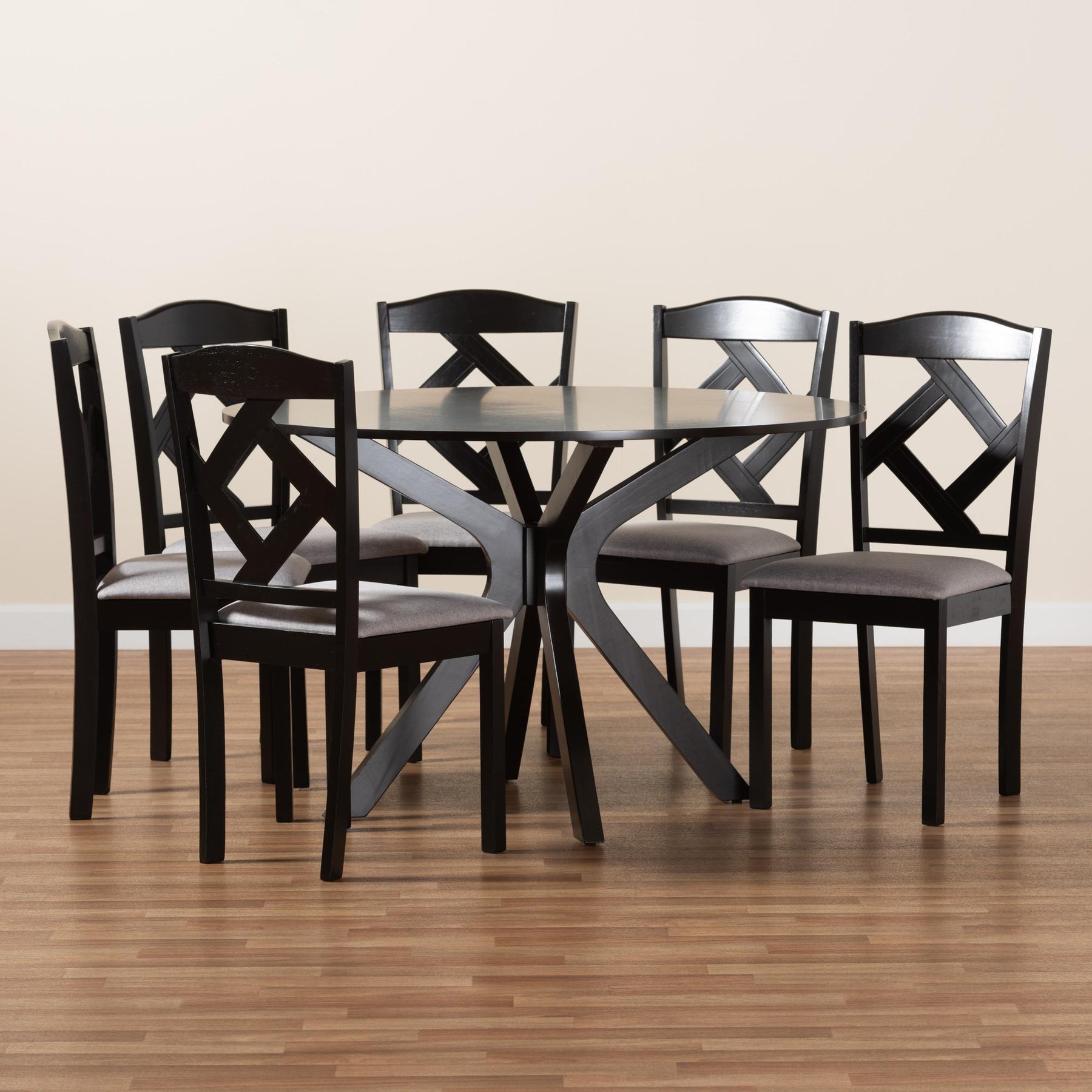 Baxton Studio Carlin Modern Transitional Grey Fabric Upholstered And Dark Brown Finished Wood 7-Piece Dining Set - Carlin-Grey/Dark Brown-7PC Dining Set