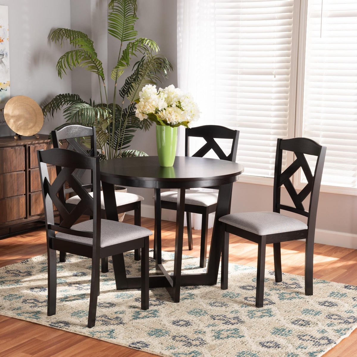 Baxton Studio Morigan Modern Transitional Grey Fabric Upholstered And Dark Brown Finished Wood 5-Piece Dining Set - Morigan-Grey/Dark Brown-5PC Dining Set