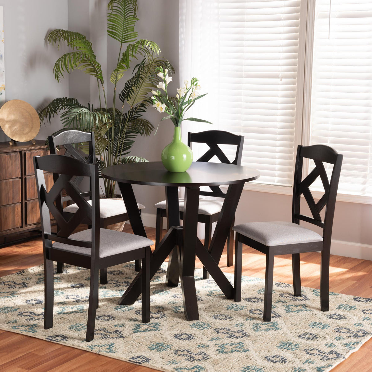 Baxton Studio Riona Modern Transitional Grey Fabric Upholstered And Dark Brown Finished Wood 5-Piece Dining Set - Riona-Grey/Dark Brown-5PC Dining Set