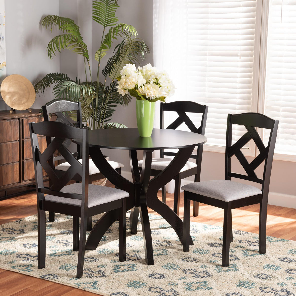 Baxton Studio Nesa Modern Transitional Grey Fabric Upholstered And Dark Brown Finished Wood 5-Piece Dining Set - Nesa-Grey/Dark Brown-5PC Dining Set