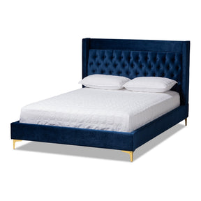 Baxton Studio Valery Modern and Contemporary Navy Blue Velvet Fabric Upholstered King Size Platform Bed with Gold-Finished Legs Baxton Studio-beds-Minimal And Modern - 1