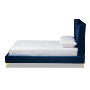 Baxton Studio Valery Modern and Contemporary Navy Blue Velvet Fabric Upholstered King Size Platform Bed with Gold-Finished Legs