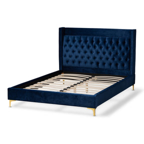 Baxton Studio Valery Modern and Contemporary Navy Blue Velvet Fabric Upholstered King Size Platform Bed with Gold-Finished Legs