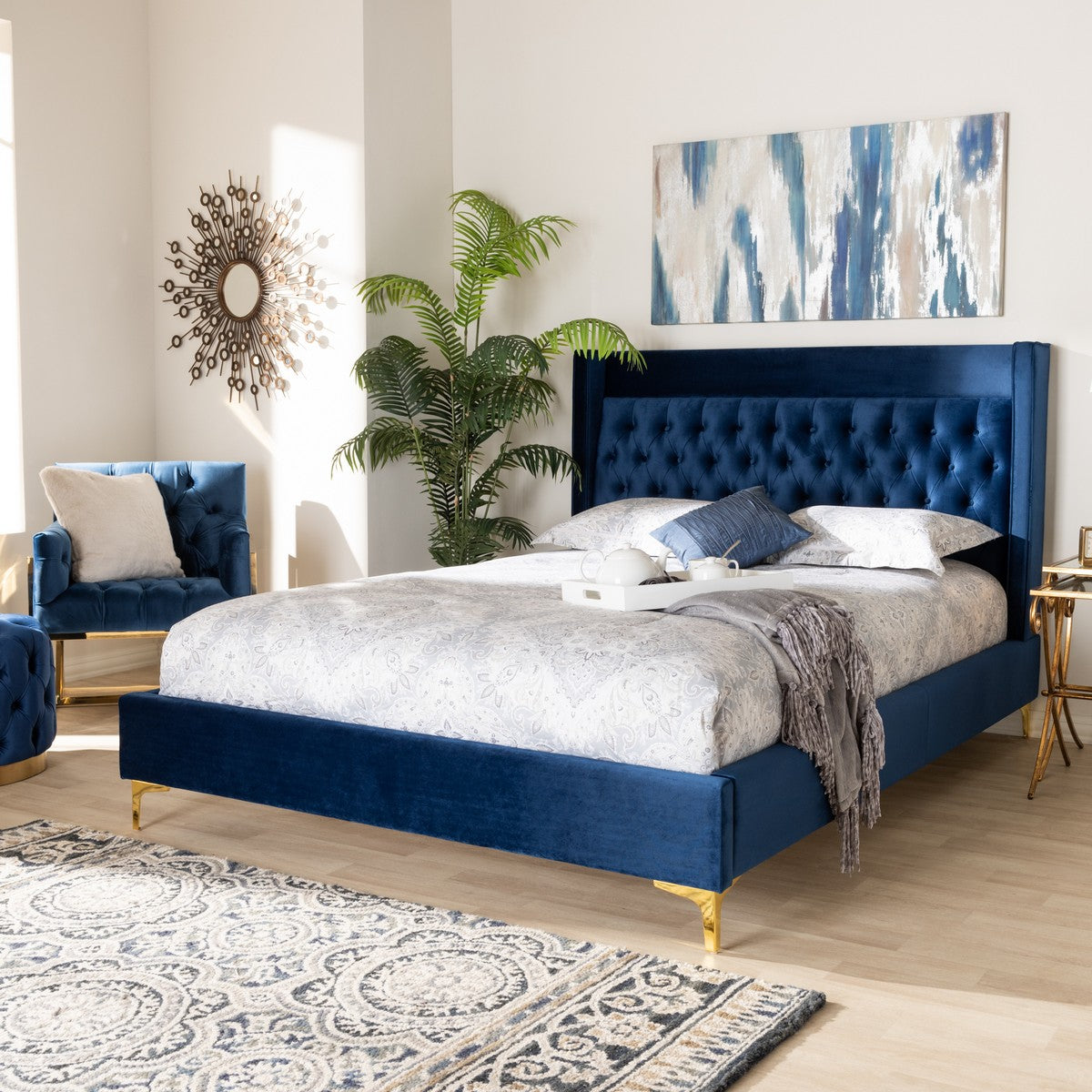 Baxton Studio Valery Modern and Contemporary Navy Blue Velvet Fabric Upholstered King Size Platform Bed with Gold-Finished Legs