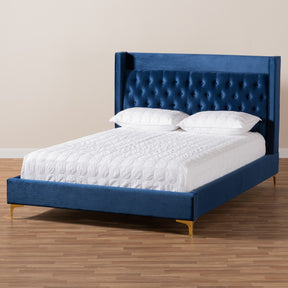 Baxton Studio Valery Modern and Contemporary Navy Blue Velvet Fabric Upholstered King Size Platform Bed with Gold-Finished Legs