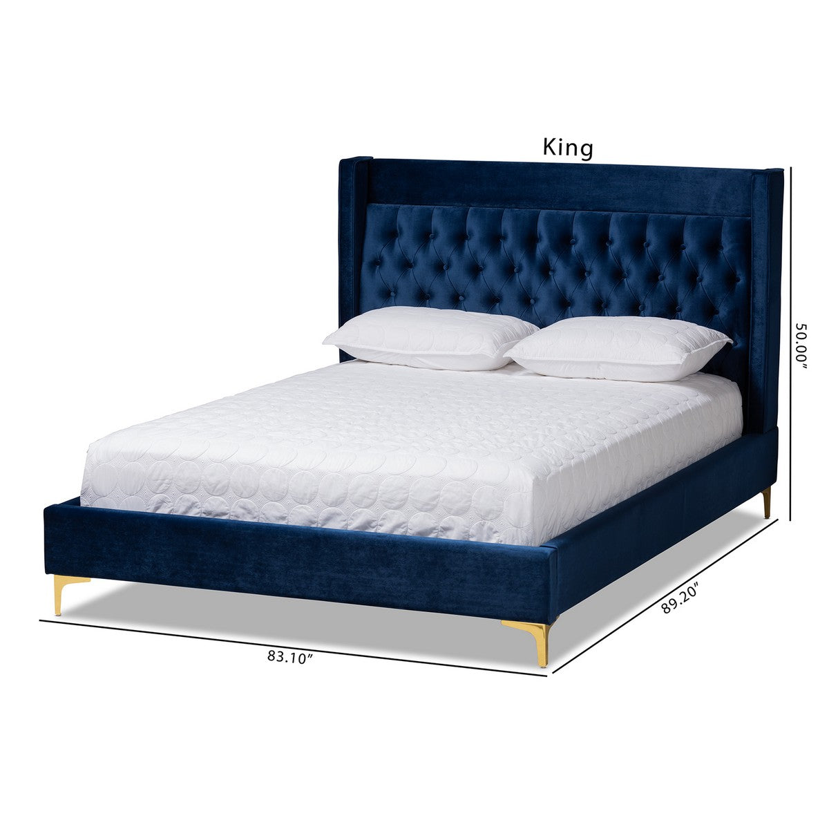 Baxton Studio Valery Modern and Contemporary Navy Blue Velvet Fabric Upholstered King Size Platform Bed with Gold-Finished Legs