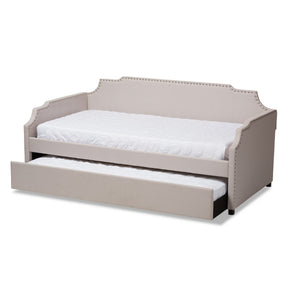 Baxton Studio Ally Modern and Contemporary Beige Fabric Upholstered Twin Size Sofa Daybed with Roll Out Trundle Guest Bed