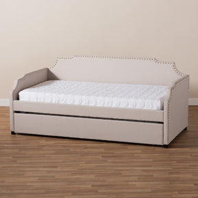 Baxton Studio Ally Modern and Contemporary Beige Fabric Upholstered Twin Size Sofa Daybed with Roll Out Trundle Guest Bed