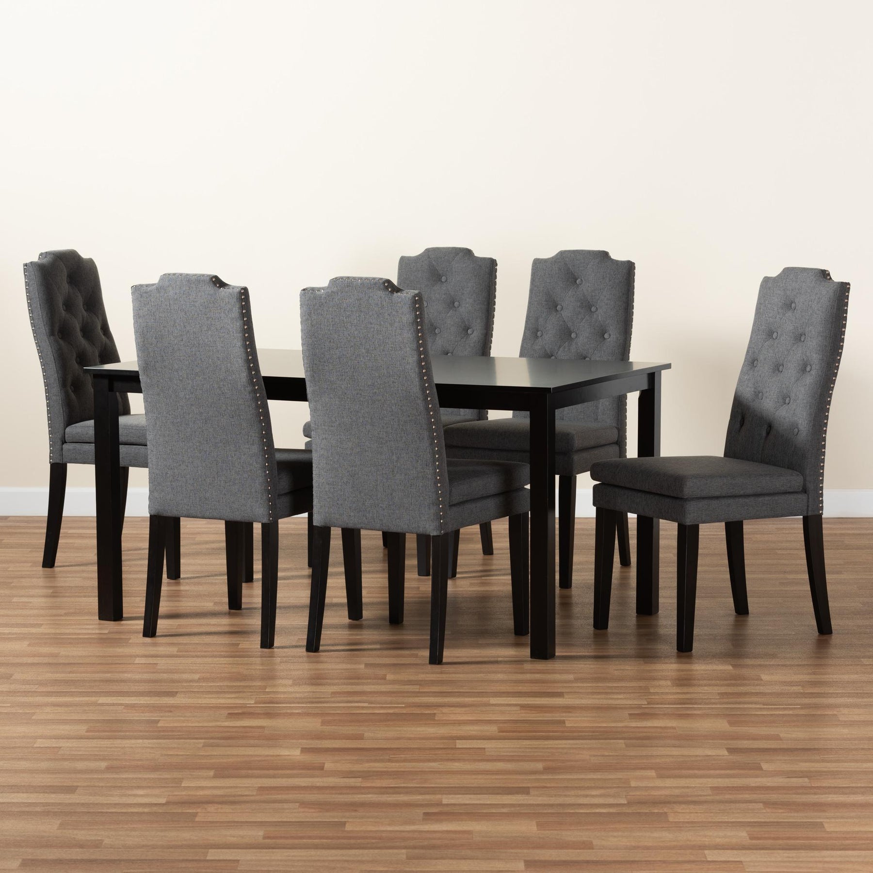 Baxton Studio Dylin Modern And Contemporary Dark Grey Fabric Upholstered And Dark Brown Finished Wood 7-Piece Dining Set - BBT5158-Dark Grey/Dark Brown-7PC Dining Set