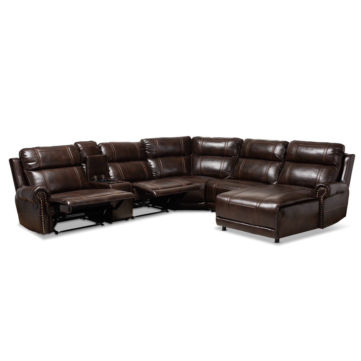 Baxton Studio Dacio Modern and Contemporary Brown Faux Leather Upholstered 6-Piece Sectional Recliner Sofa with 2 Reclining Seats Baxton Studio-sofas-Minimal And Modern - 3