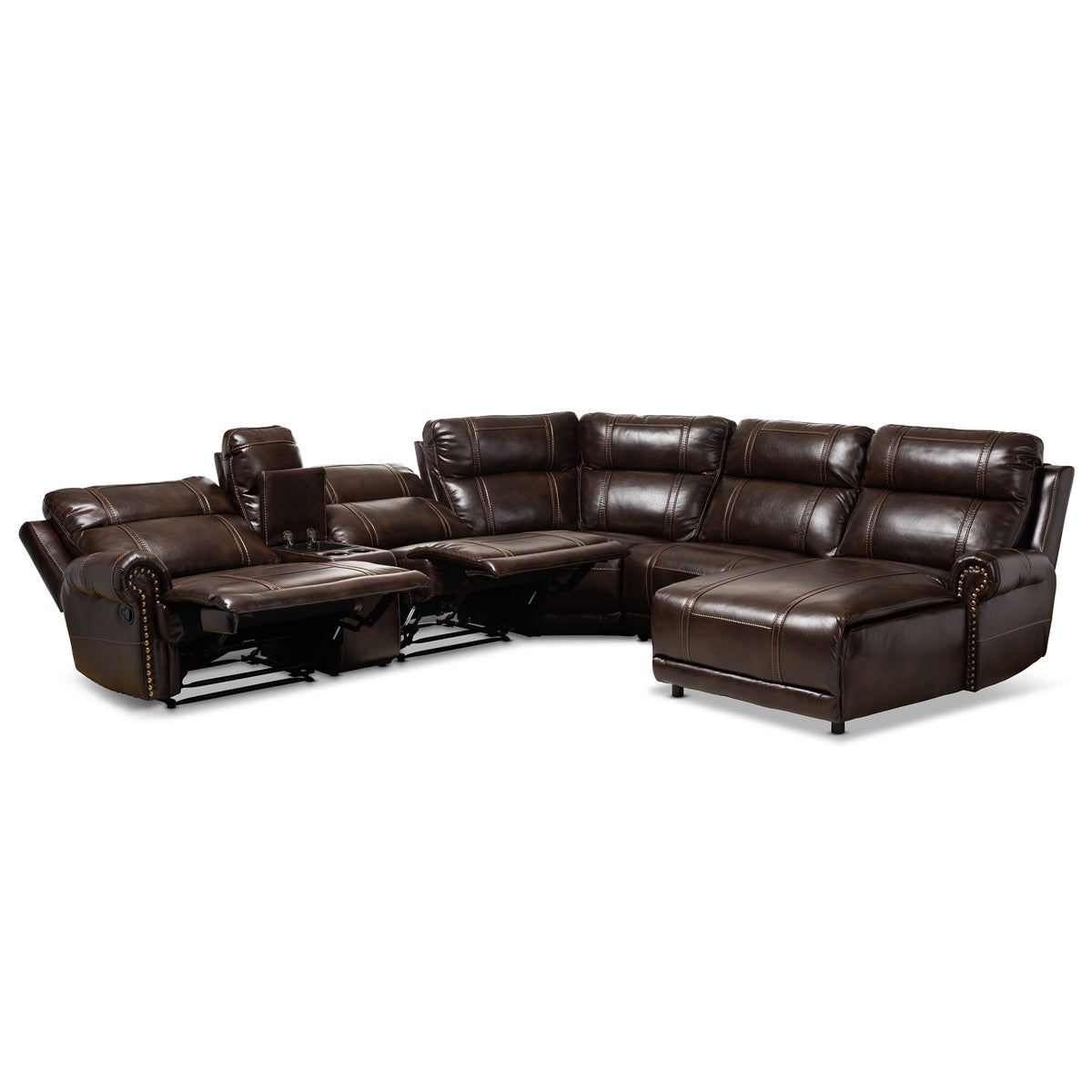 Baxton Studio Dacio Modern and Contemporary Brown Faux Leather Upholstered 6-Piece Sectional Recliner Sofa with 2 Reclining Seats Baxton Studio-sofas-Minimal And Modern - 4