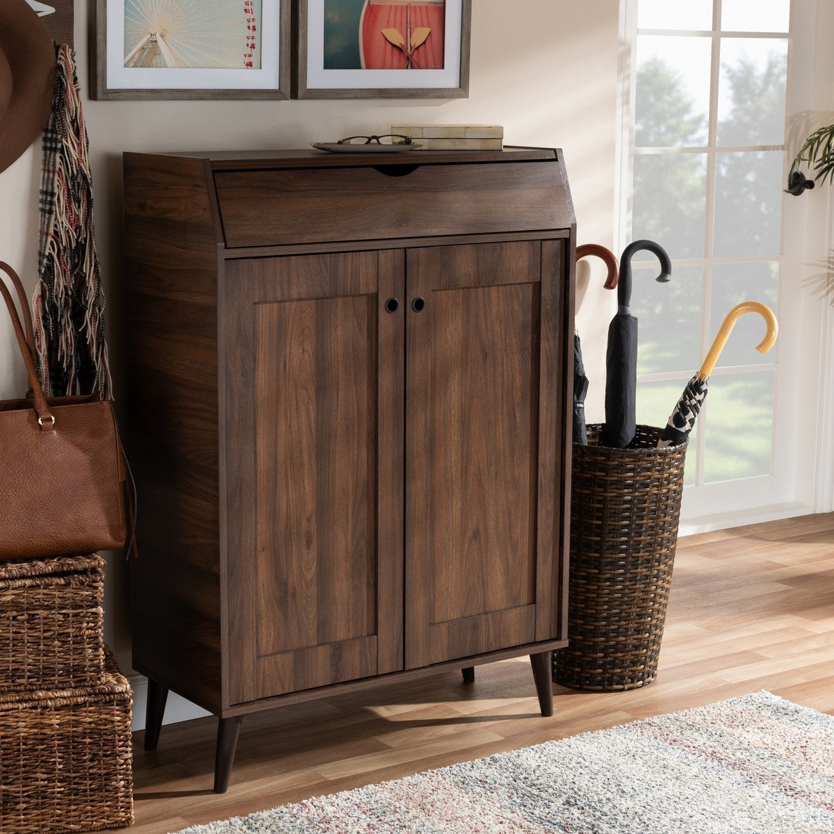 Baxton Studio Cormier Mid-Century Modern Walnut Brown finished 2-Door Wood Entryway Shoe Storage Cabinet