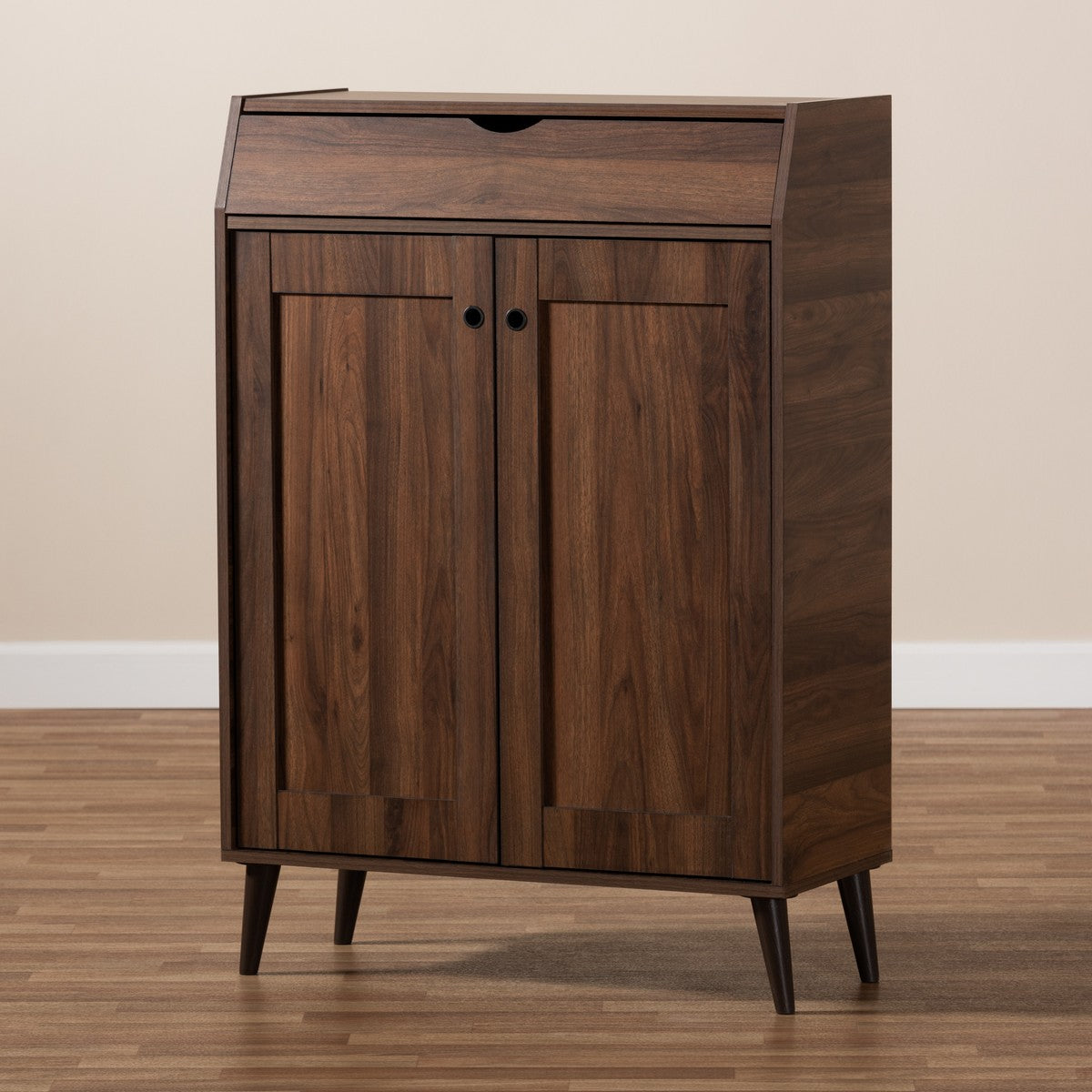 Baxton Studio Cormier Mid-Century Modern Walnut Brown finished 2-Door Wood Entryway Shoe Storage Cabinet