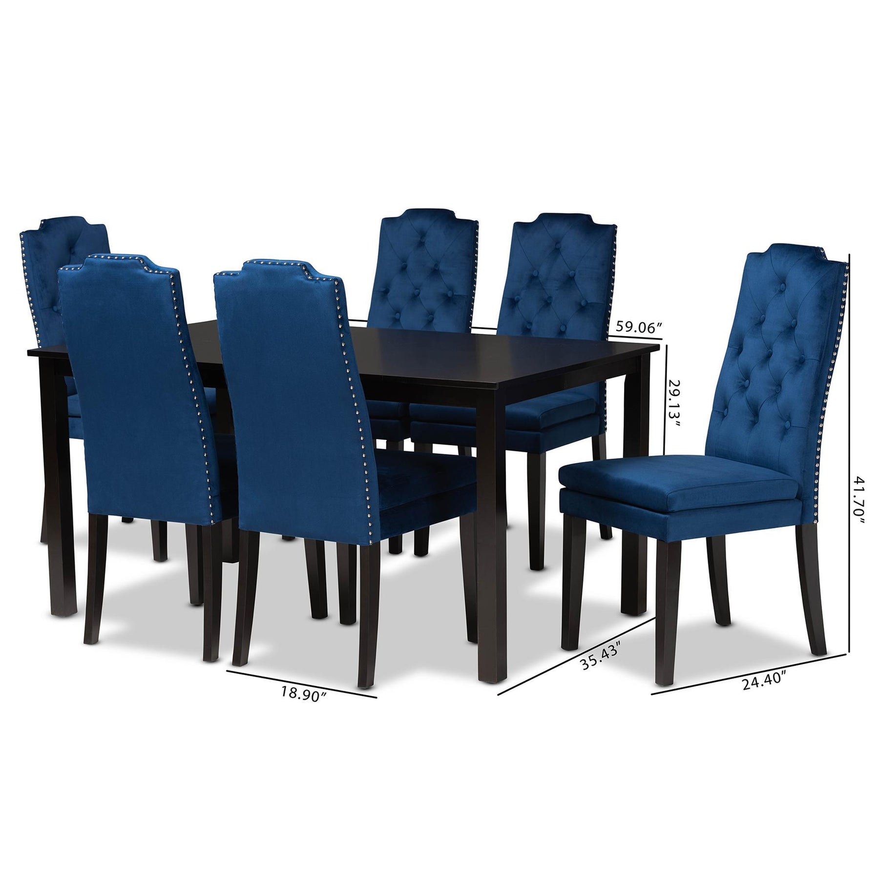 Baxton Studio Dylin Modern And Contemporary Navy Blue Velvet Fabric Upholstered And Dark Brown Finished Wood 7-Piece Dining Set - BBT5158-Navy Blue/Dark Brown-7PC Dining Set