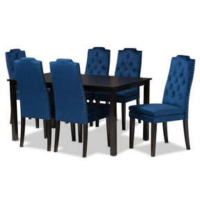 Baxton Studio Dylin Modern And Contemporary Navy Blue Velvet Fabric Upholstered And Dark Brown Finished Wood 7-Piece Dining Set - BBT5158-Navy Blue/Dark Brown-7PC Dining Set