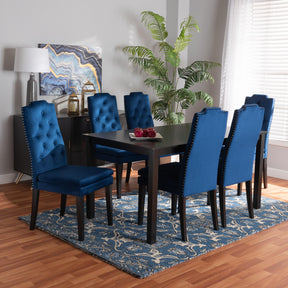 Baxton Studio Dylin Modern And Contemporary Navy Blue Velvet Fabric Upholstered And Dark Brown Finished Wood 7-Piece Dining Set - BBT5158-Navy Blue/Dark Brown-7PC Dining Set