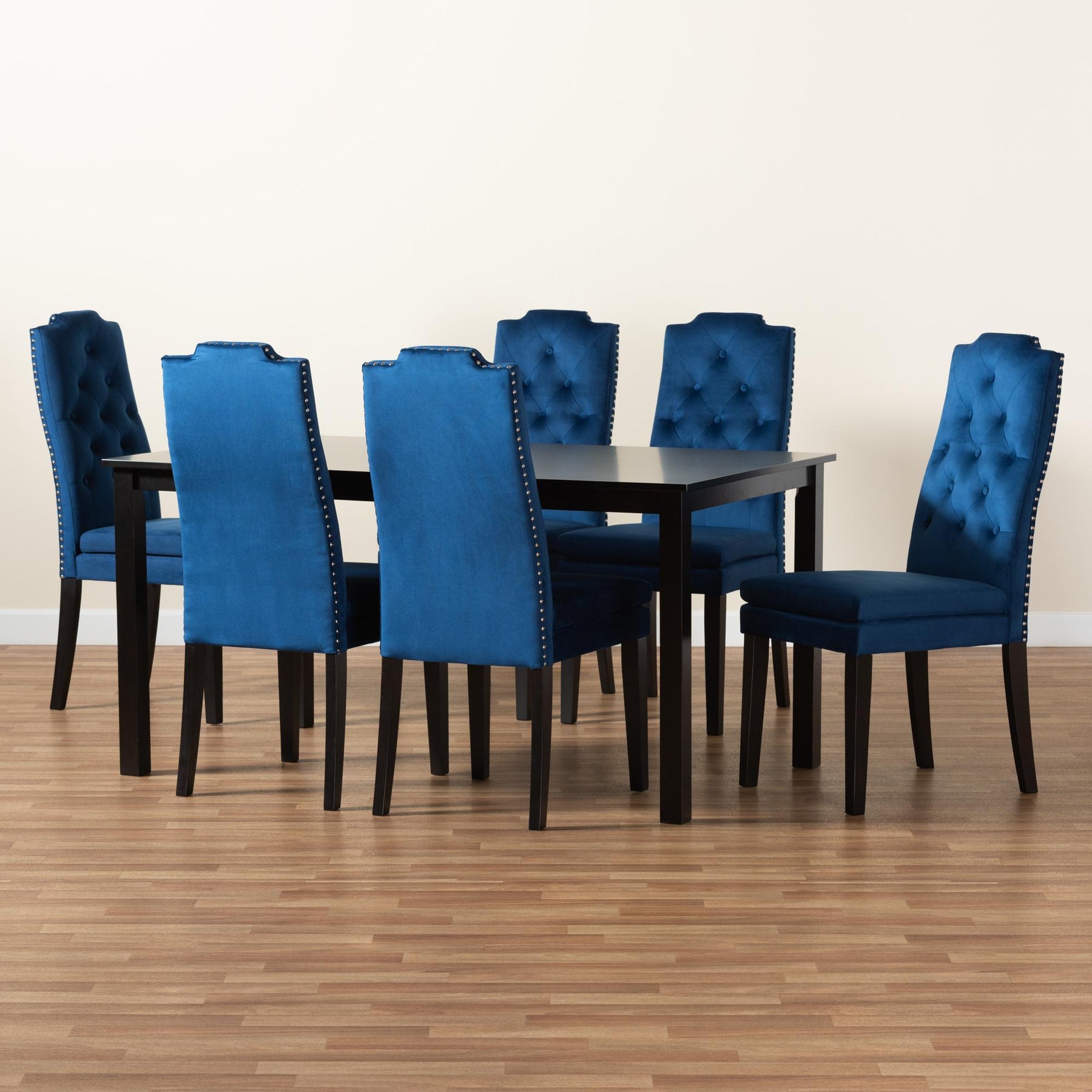 Baxton Studio Dylin Modern And Contemporary Navy Blue Velvet Fabric Upholstered And Dark Brown Finished Wood 7-Piece Dining Set - BBT5158-Navy Blue/Dark Brown-7PC Dining Set