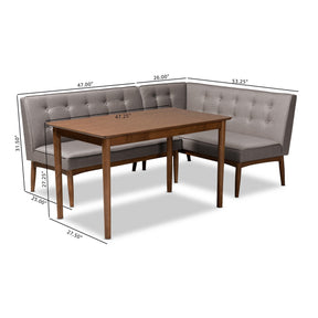 Baxton Studio Arvid Mid-Century Modern Gray Fabric Upholstered 3-Piece Wood Dining Nook Set