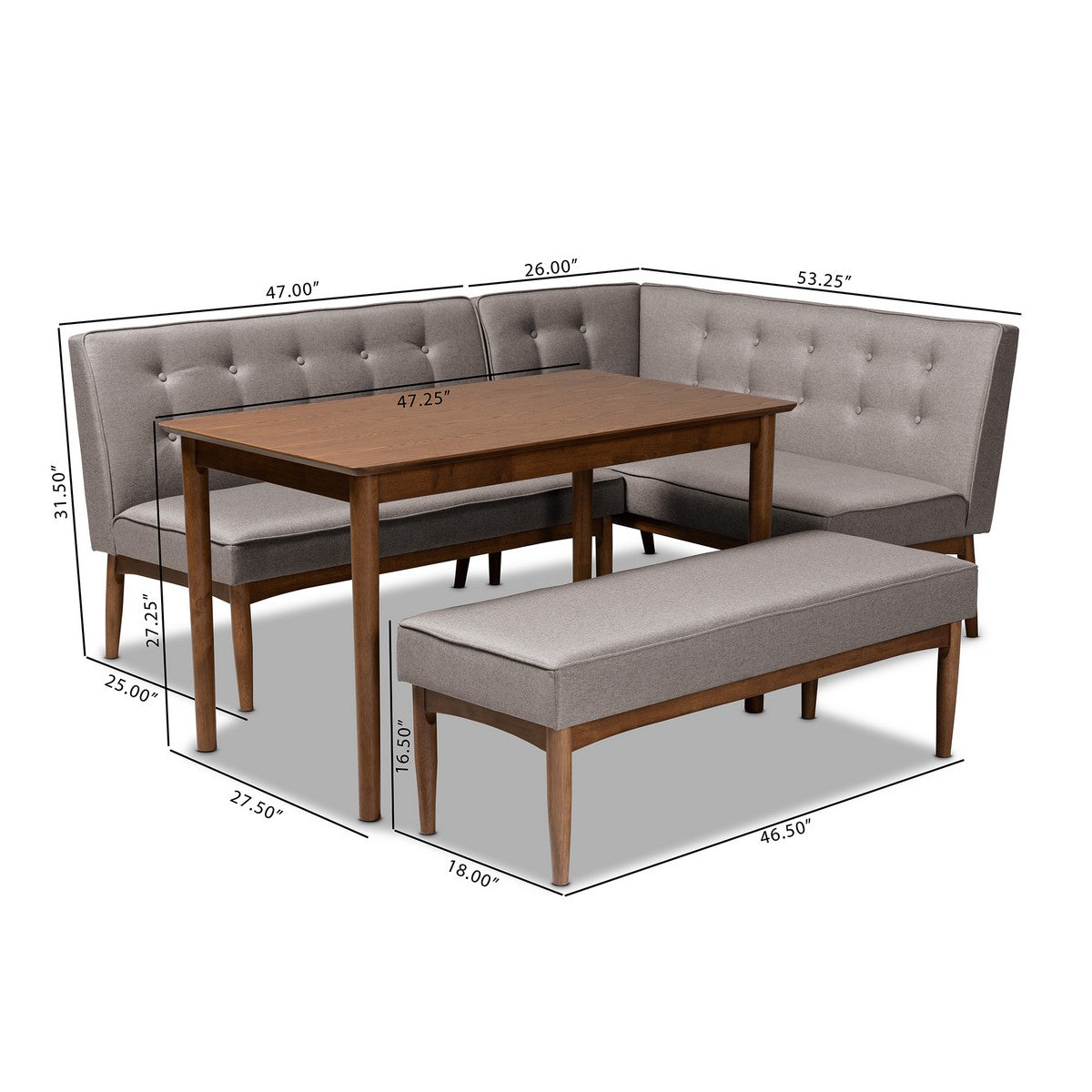 Baxton Studio Arvid Mid-Century Modern Gray Fabric Upholstered 4-Piece Wood Dining Nook Set