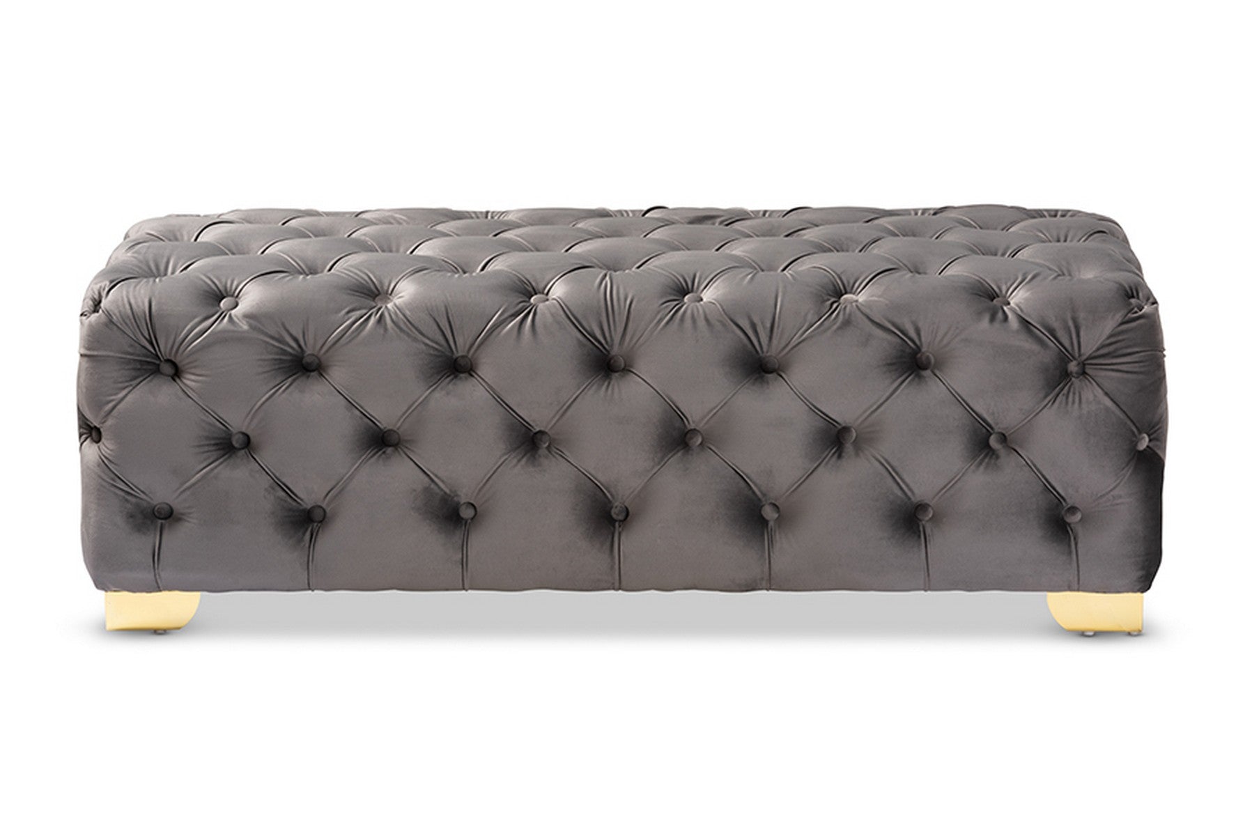 Baxton Studio Avara Glam and Luxe Gray Velvet Fabric Upholstered Gold Finished Button Tufted Bench Ottoman