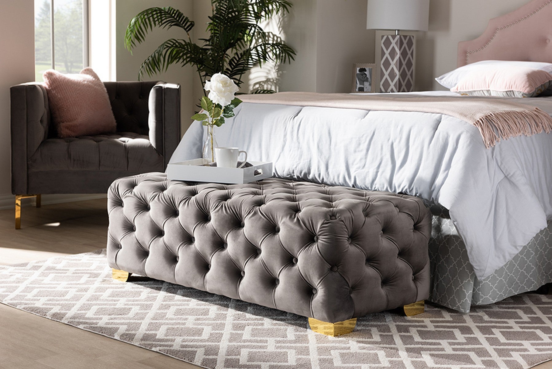 Baxton Studio Avara Glam and Luxe Gray Velvet Fabric Upholstered Gold Finished Button Tufted Bench Ottoman