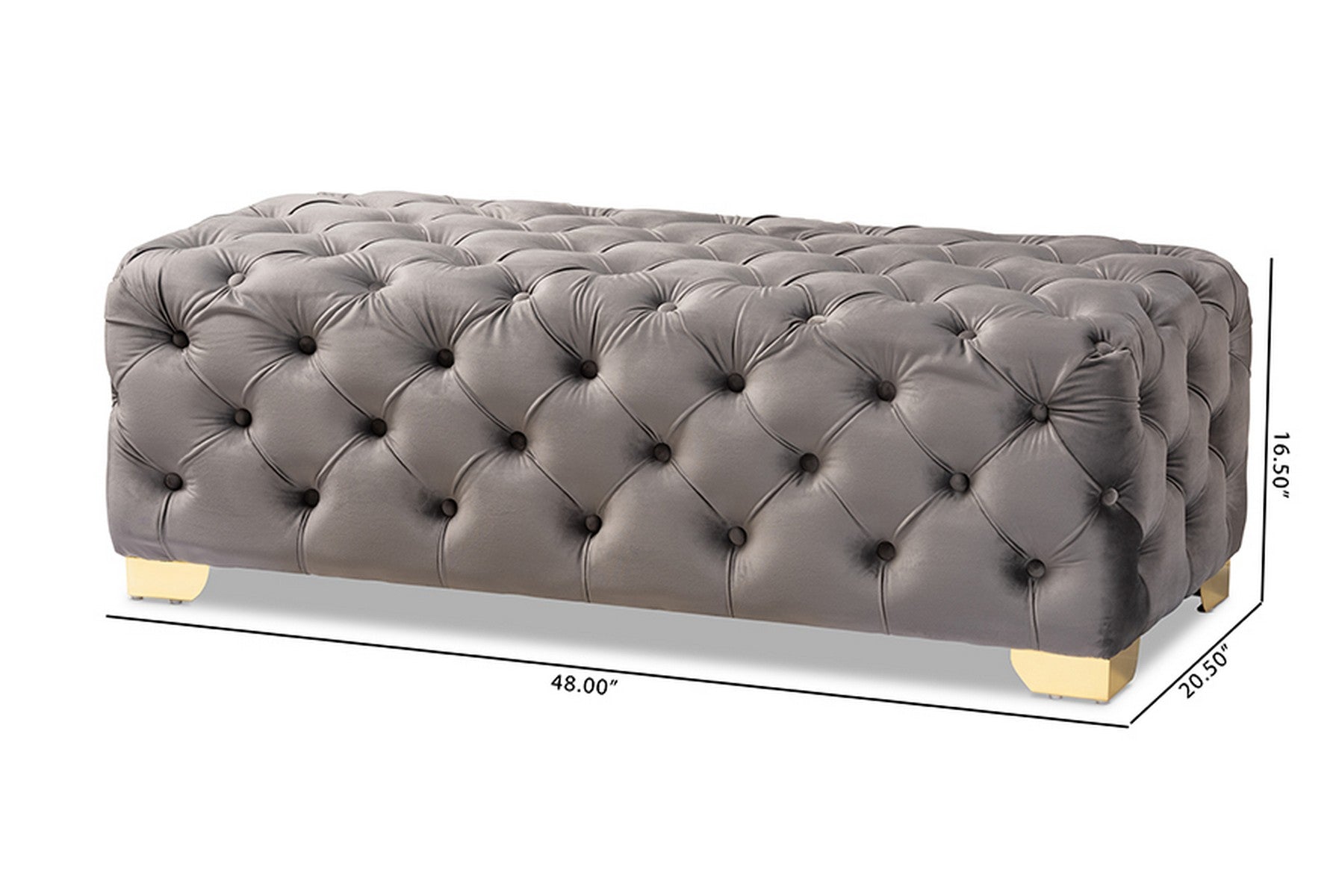 Baxton Studio Avara Glam and Luxe Gray Velvet Fabric Upholstered Gold Finished Button Tufted Bench Ottoman