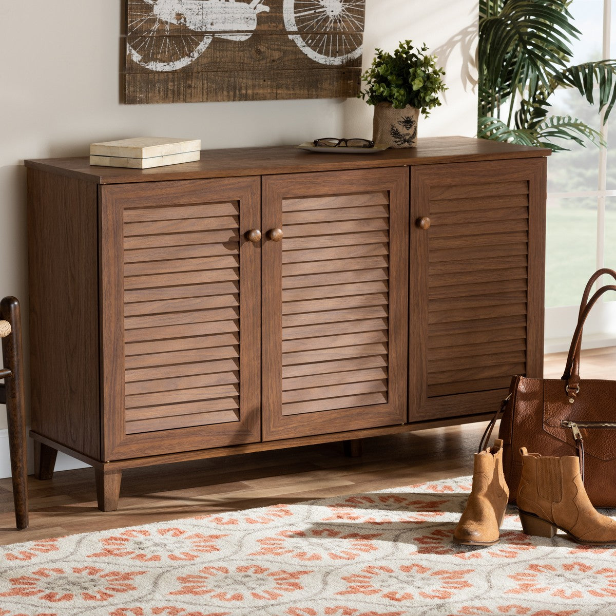 Baxton Studio Coolidge Modern and Contemporary Walnut Finished 8-Shelf Wood Shoe Storage Cabinet