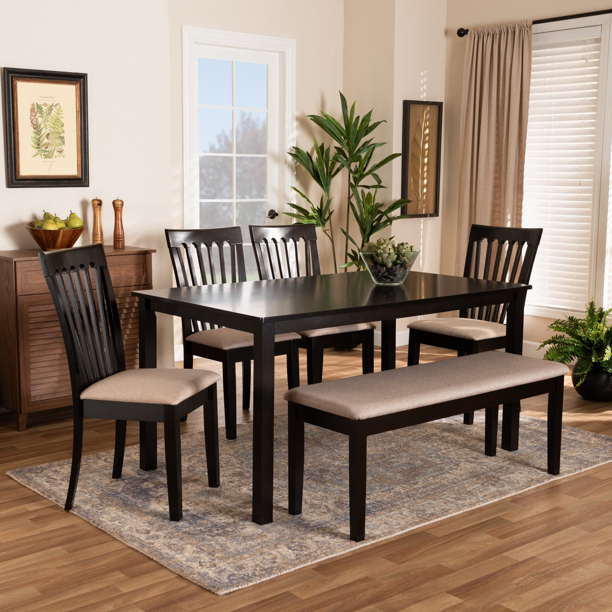 Baxton Studio Minette Modern and contemporary Sand Fabric Upholstered and Dark Brown Finished Wood 6-Piece Dining Set