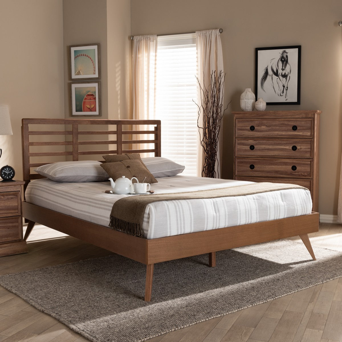 Baxton Studio Calisto Mid-Century Modern Walnut Brown Finished Wood Full Size Platform Bed