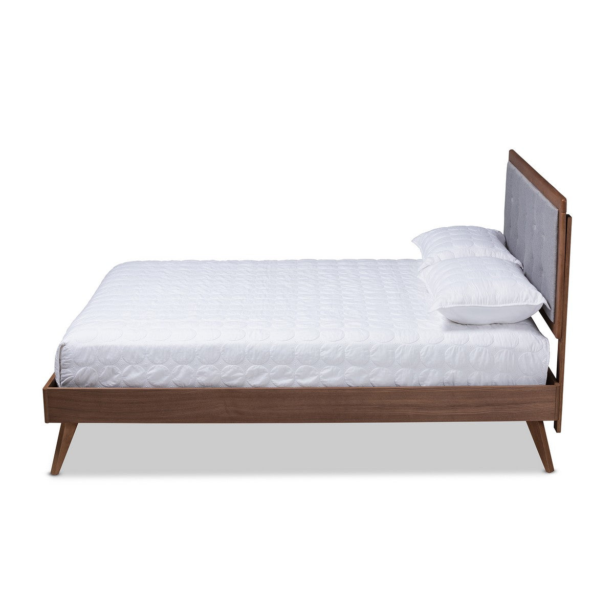 Baxton Studio Ines Mid-Century Modern Light Grey Fabric Upholstered Walnut Brown Finished Wood King Size Platform Bed Baxton Studio-beds-Minimal And Modern - 1