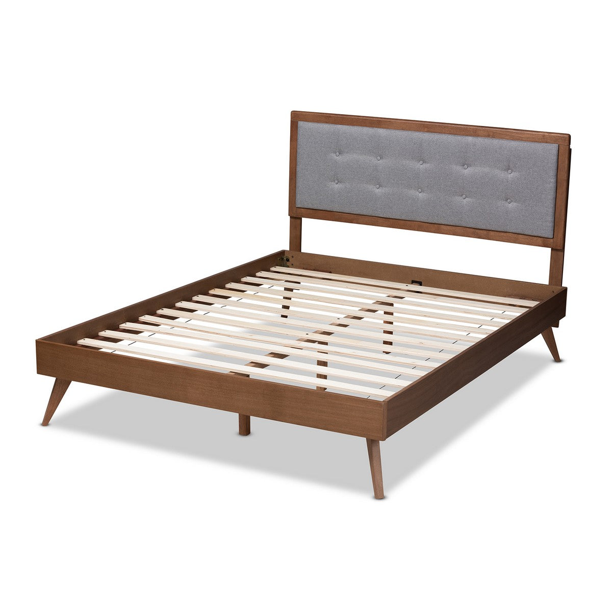 Baxton Studio Ines Mid-Century Modern Light Grey Fabric Upholstered Walnut Brown Finished Wood King Size Platform Bed