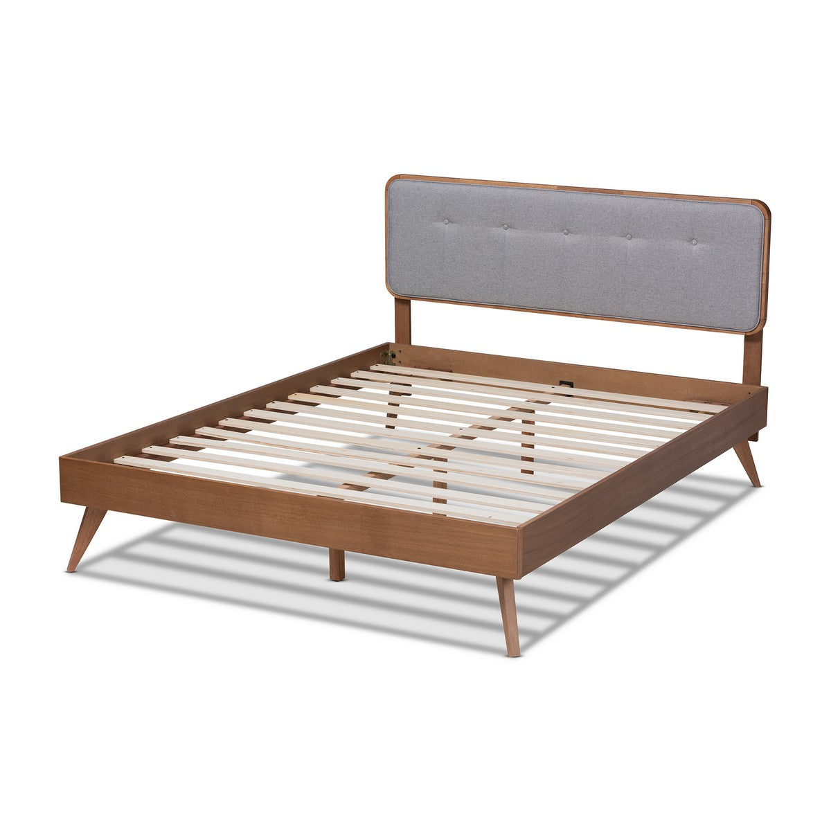 Baxton Studio Dilara Mid-Century Modern Light Grey Fabric Upholstered Walnut Brown Finished Wood Queen Size Platform Bed