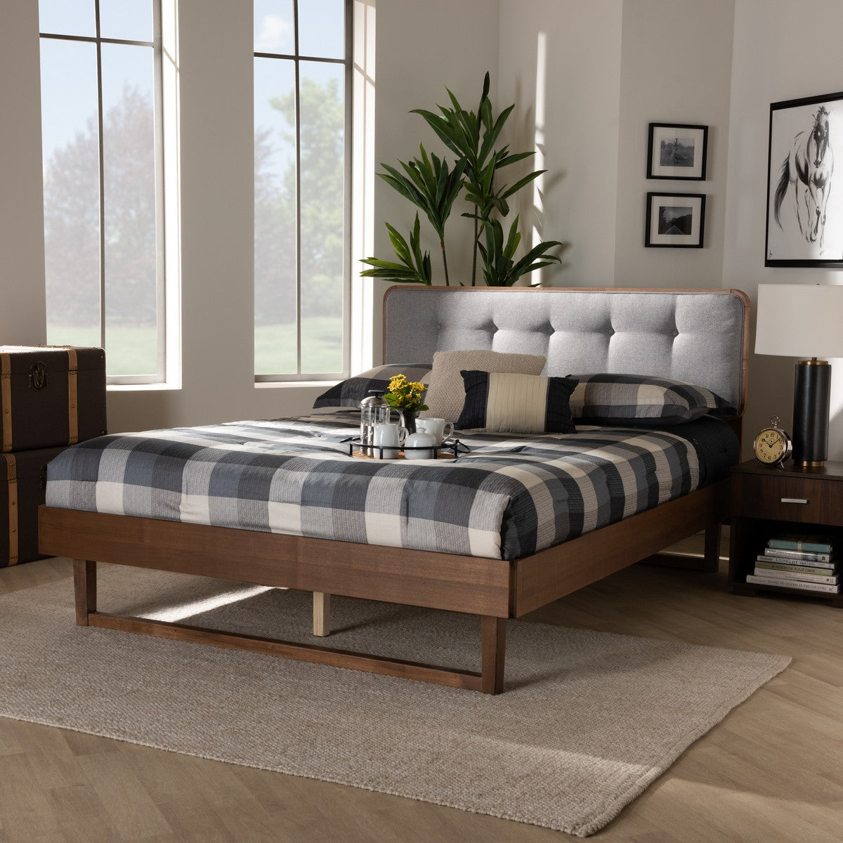 Baxton Studio Natalia Mid-Century Modern Light Grey Fabric Upholstered and Ash Walnut Finished Wood King Size Platform Bed