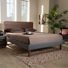 Baxton Studio Ayla Mid-Century Modern Dark Grey Fabric Upholstered Walnut Brown Finished Wood Full Size Platform Bed