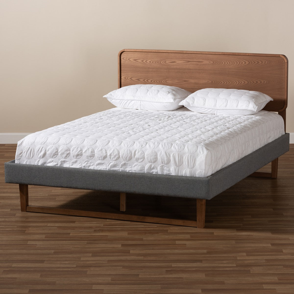 Baxton Studio Ayla Mid-Century Modern Dark Grey Fabric Upholstered Walnut Brown Finished Wood Full Size Platform Bed