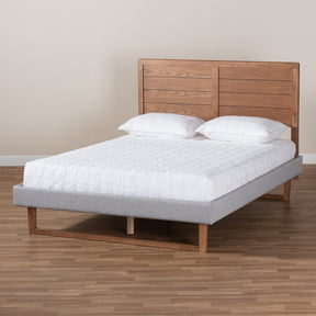 Baxton Studio Claudia Rustic Modern Light Grey Fabric Upholstered and Walnut Brown Finished Wood King Size Platform Bed