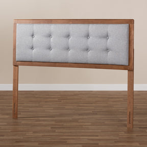 Baxton Studio Sarine Mid-Century Modern Light Grey Fabric Upholstered Walnut Brown Finished Wood King Size Headboard